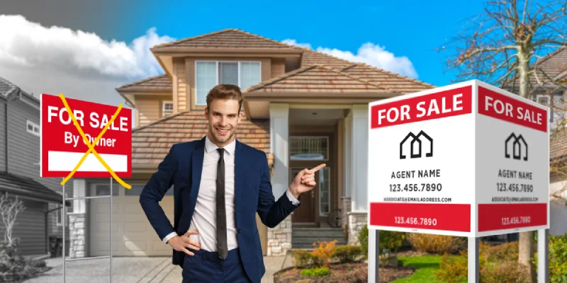 Realtor standing in front on an FSBO house